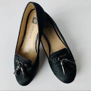 Anne Klein Cemina Black Cowhide Leather Fur Flats.